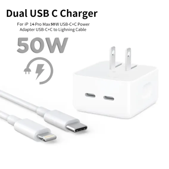 IPHONE 14 Pro 2 Pin (US PIN) 50W USB-C+C POWER Adapter With USB-C TO LIGHTINING CABLE IPHONE 14 Pro 2 Pin (US PIN) 50W USB-C+C POWER Adapter With USB-C TO LIGHTINING CABLE